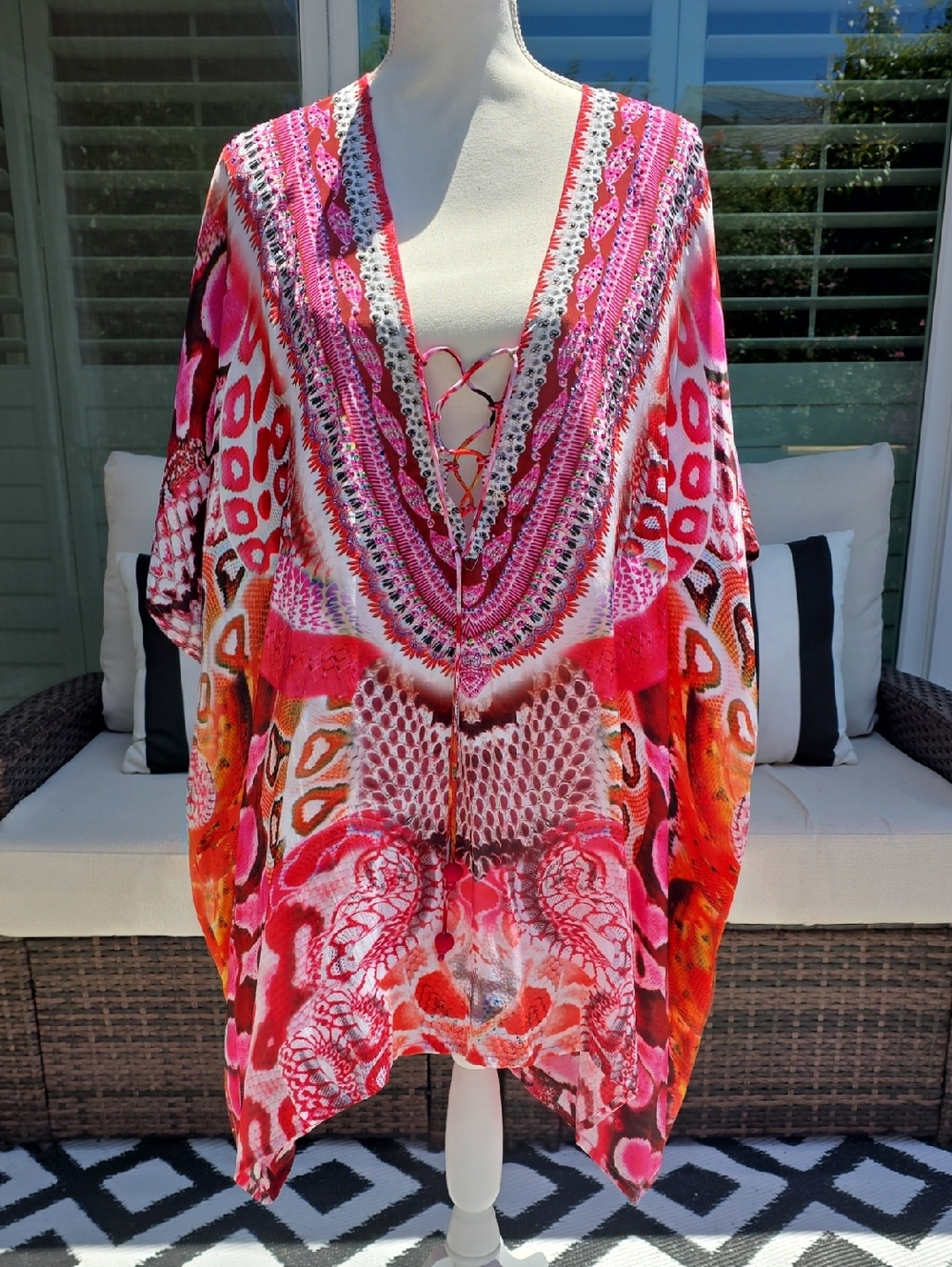 Women’s Hot Pink Printed Tunic Top with Lace-Up V-Neck